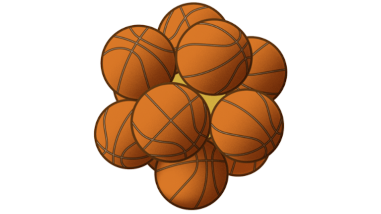 In 3D the kissing number is 12, as illustrated by basketballs. Illustration: Kira Vesikko / Aalto University