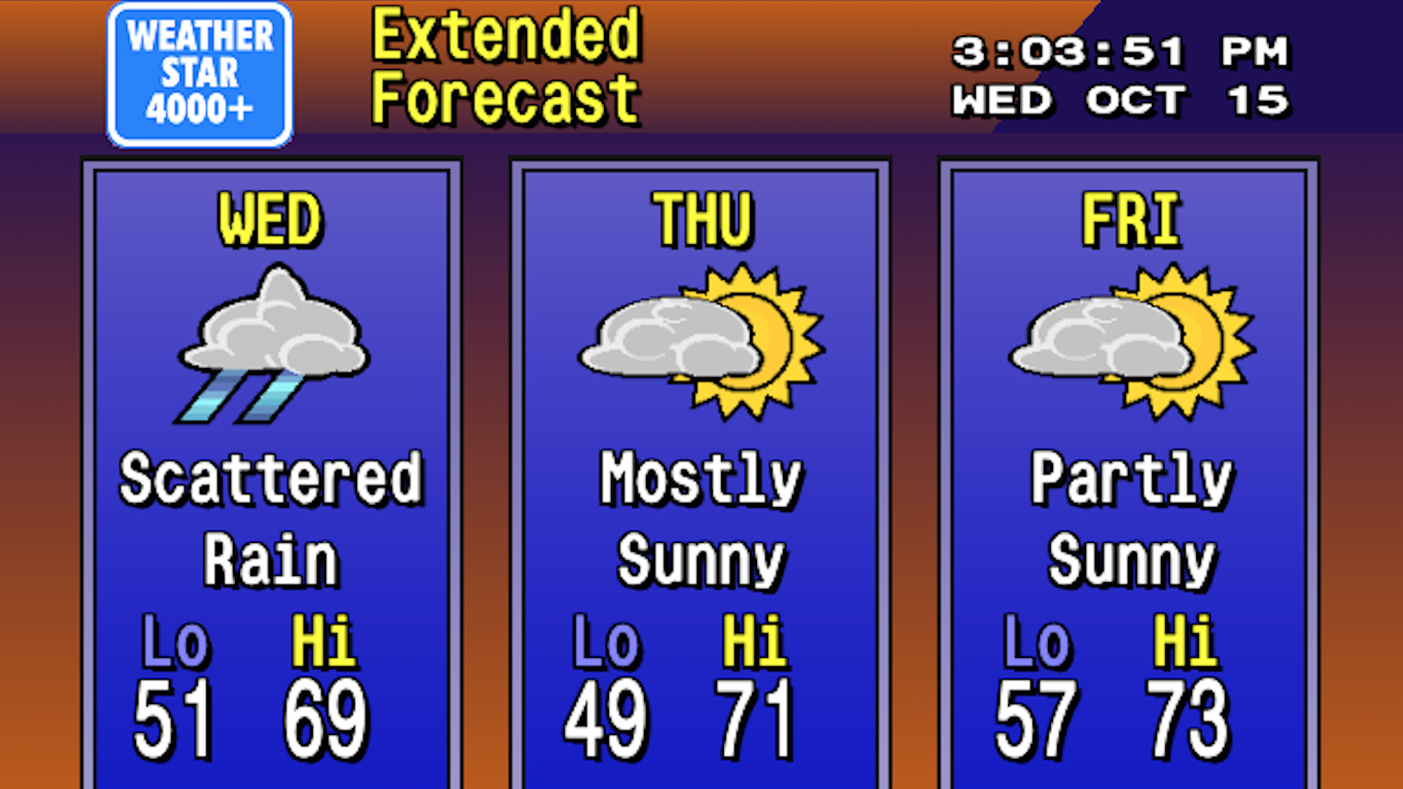 WeatherStar 4000+ website showing three day weather forecast in retro graphics