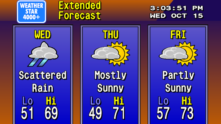 WeatherStar 4000+ website showing three day weather forecast in retro graphics