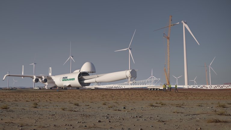 wind turbine being loaded into airplane