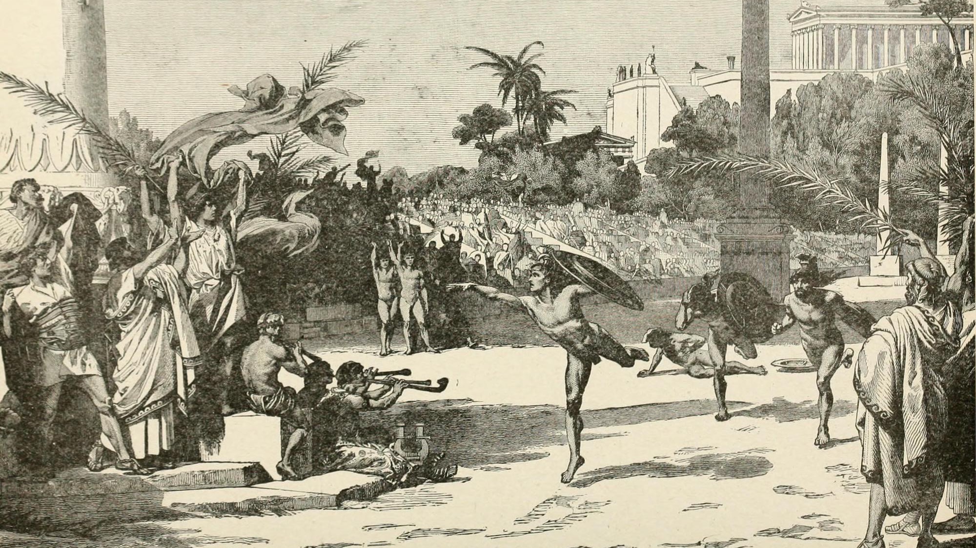 An artistic depiction of the sprint in armour at the ancient Greek games.