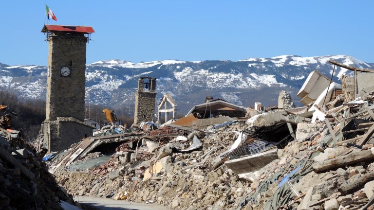The city tower of Amatrice, Italy, 16 February 2017, which was seriously damaged in several earthquakes since 24 August 2016. Photo: Lena Klimkeit/dpa | usage worldwide (Photo by Lena Klimkeit/picture alliance via Getty Images)
