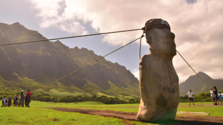 a team of researchers using ropes to move a large statue