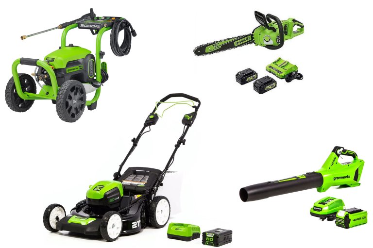 Greenworks electric yard tools including mowers blowers and more on a white background
