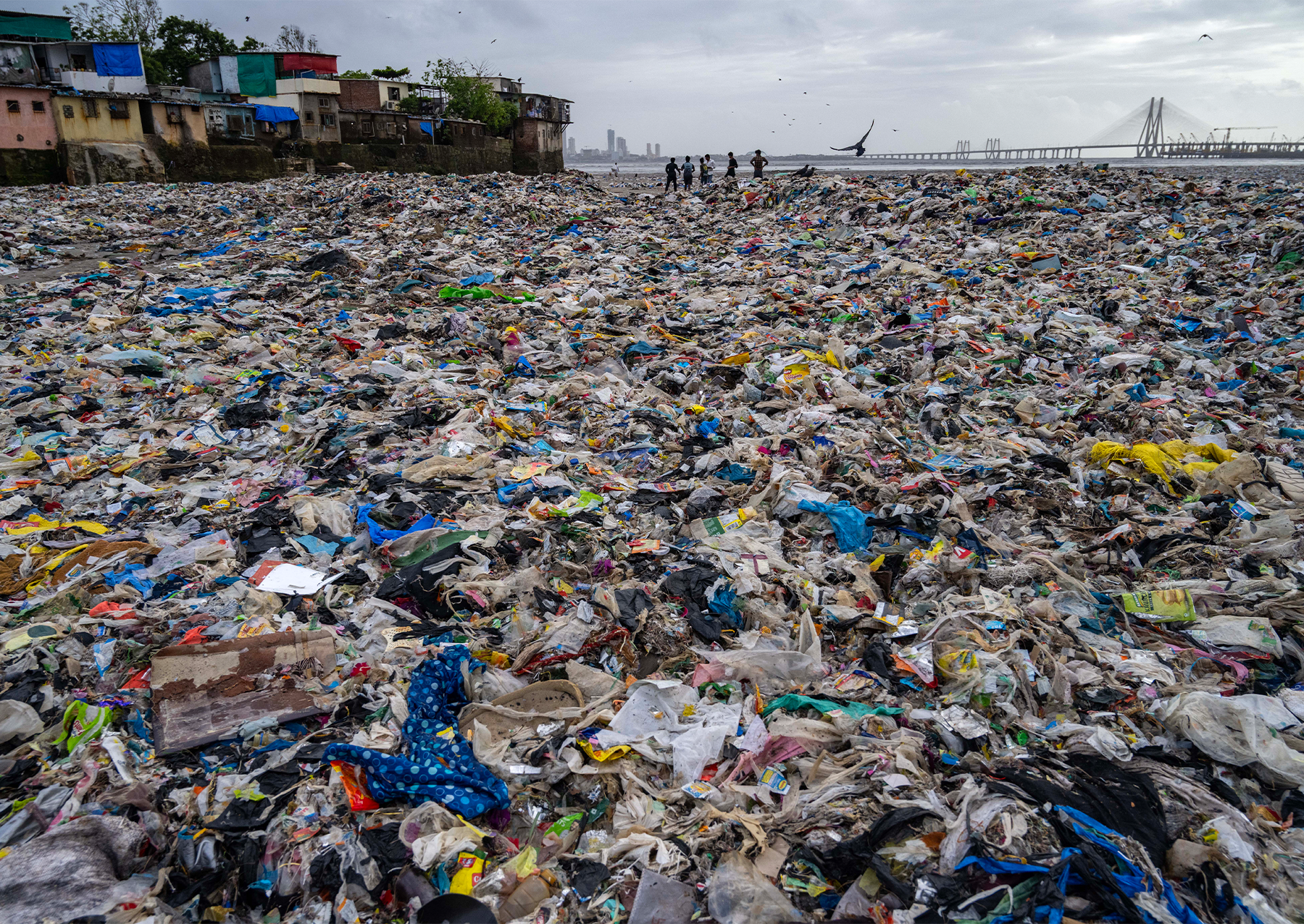 a beach covered in garbage