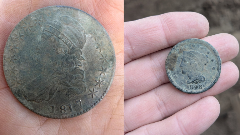 A 50 cent coin from 1817 (left) and an 1846 Liberty head one-cent coin (right) are just two of the numerous objects uncovered in a dig in Troy, Ohio.