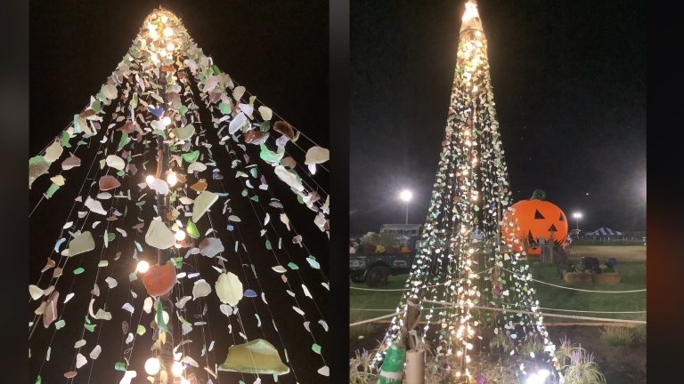 The tree is constructed from a metal pole, with sea glass strung down from the top.