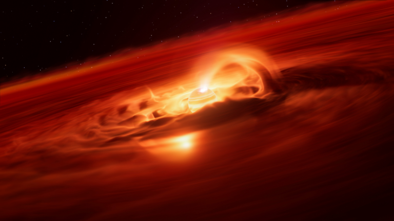 Illustration of rogue planet forming surrounded by disc of gas and dust