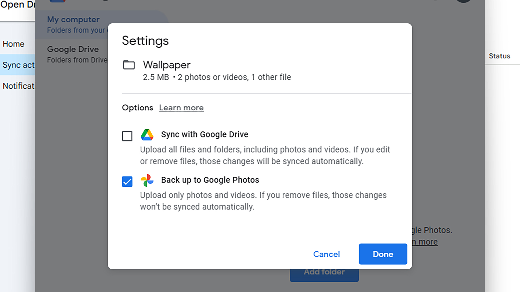 screenshot of settings in google photos