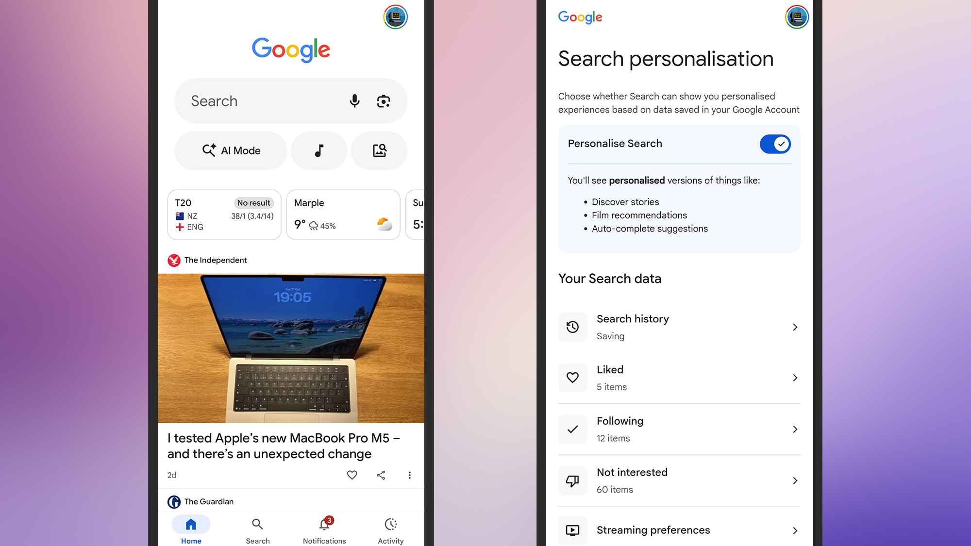screenshot of search data on the phone