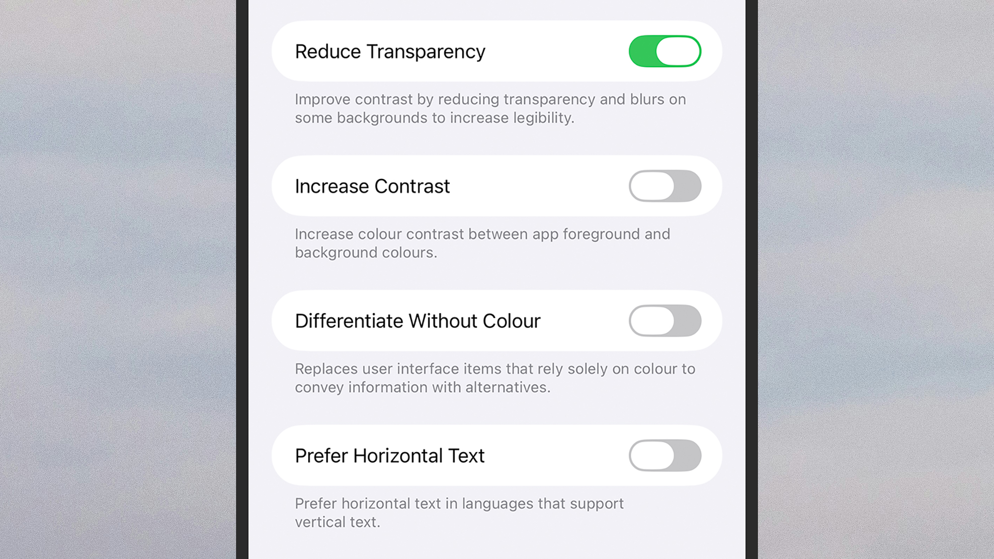 screenshot of 'reduce transparency' options on an iphone