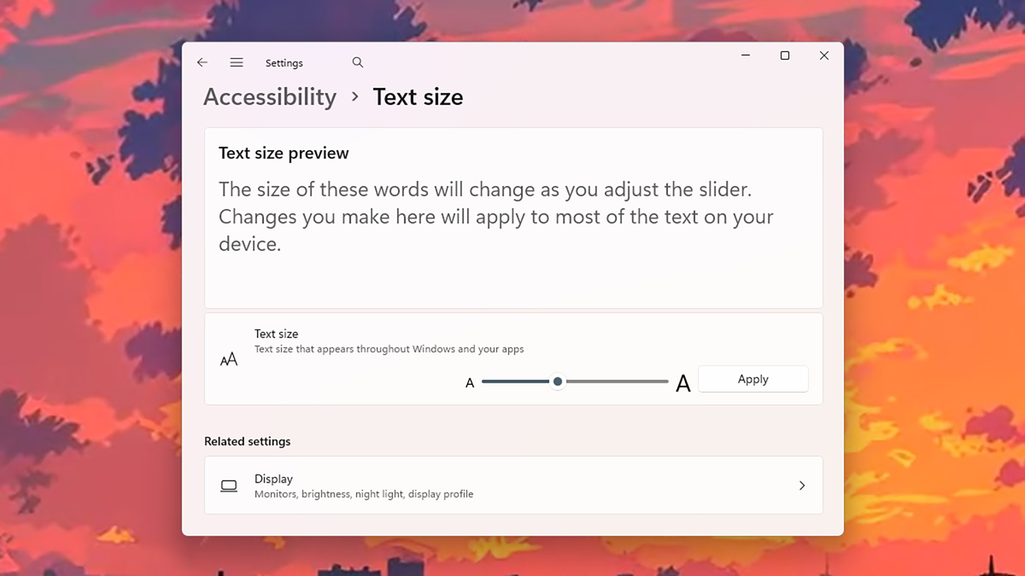 screenshot of text size adjustment options on microsoft device