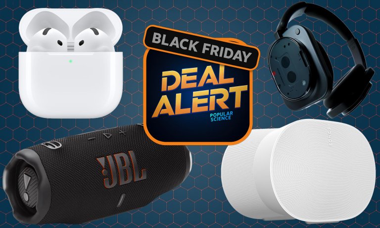 The Popular Science Amazon Black Friday 2025 Deal Alert background with four black and white speakers, headphones, and earbuds on top of it