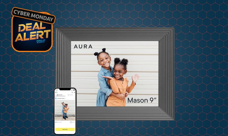 Black Aura Mason WiFi digital picture frame on a dark blue Amazon Cyber Monday background