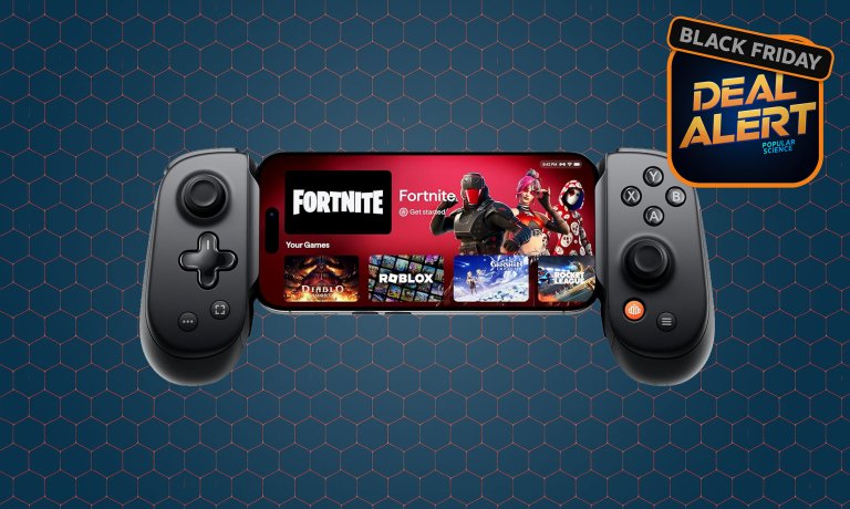 BACKBONE Pro mobile controller on a blue Amazon 2025 black friday product card template