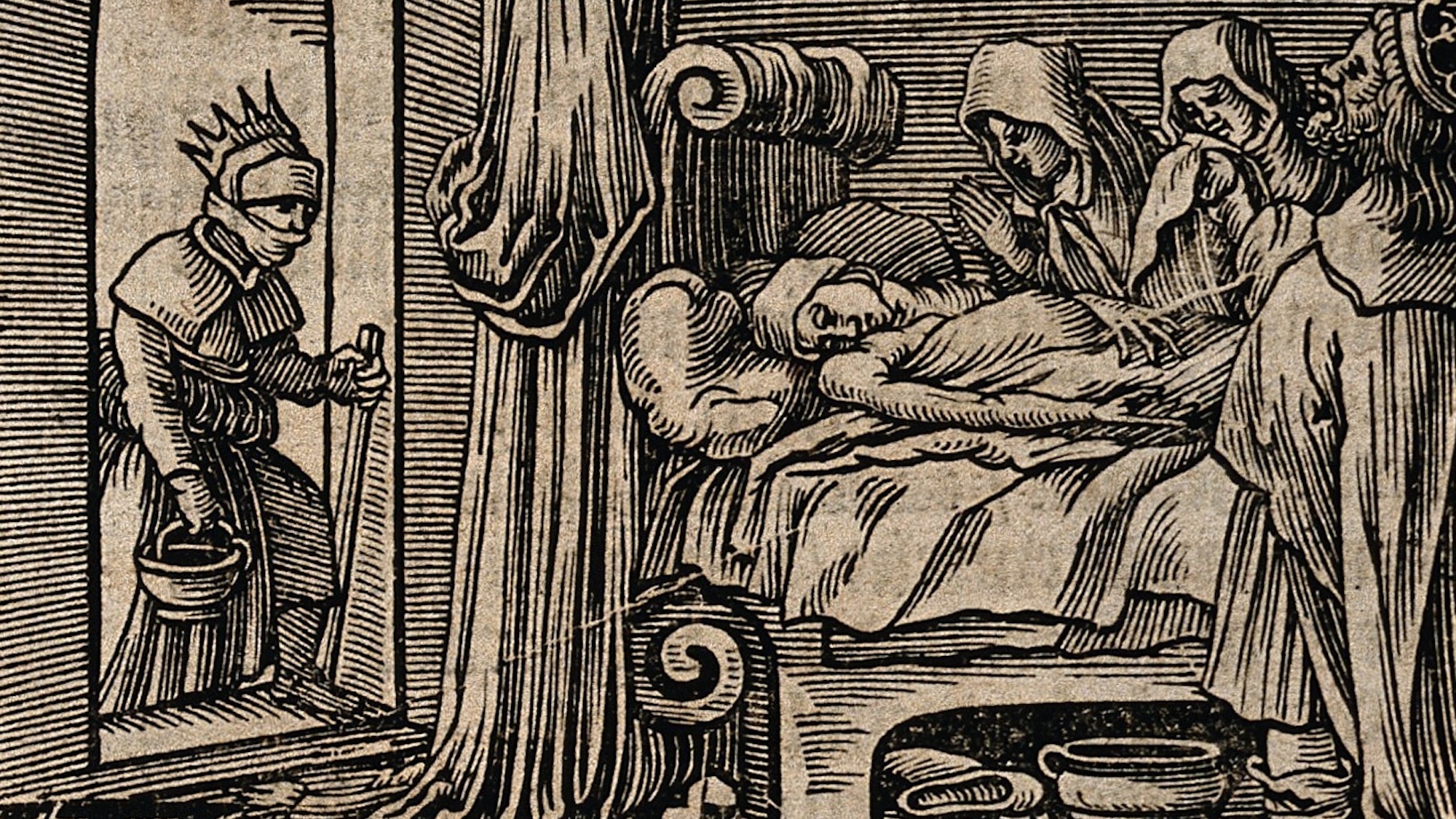 V0015163ER Two hooded figures and a King grieve over a dead person whil Credit: Wellcome Library, London. Wellcome Images images@wellcome.ac.uk http://wellcomeimages.org Two hooded figures and a King grieve over a dead person while another masked figure comes to cleanse the room of the plague. Woodcut by V. Solis. Published: - Copyrighted work available under Creative Commons Attribution only licence CC BY 4.0 http://creativecommons.org/licenses/by/4.0/