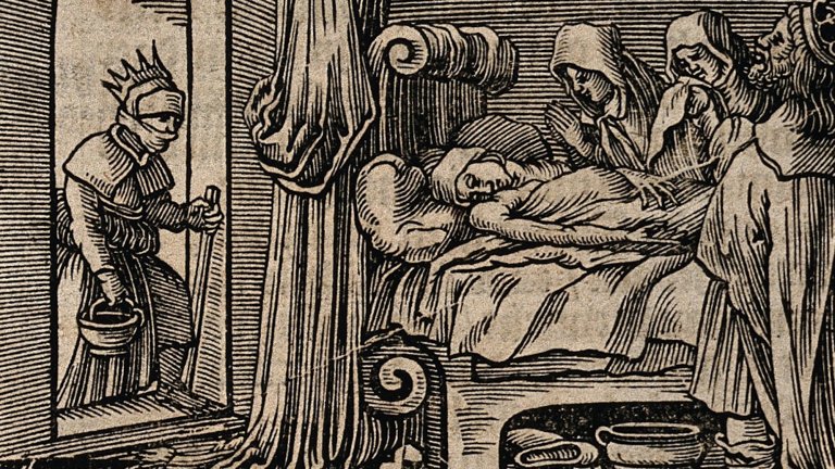 V0015163ER Two hooded figures and a King grieve over a dead person whil Credit: Wellcome Library, London. Wellcome Images images@wellcome.ac.uk http://wellcomeimages.org Two hooded figures and a King grieve over a dead person while another masked figure comes to cleanse the room of the plague. Woodcut by V. Solis. Published: - Copyrighted work available under Creative Commons Attribution only licence CC BY 4.0 http://creativecommons.org/licenses/by/4.0/