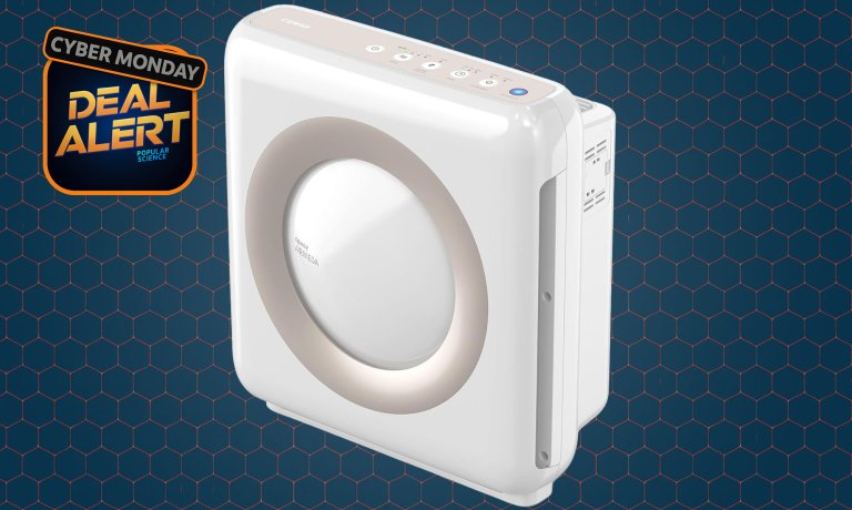 White Coway Airmega AP-1512HH Mighty on a dark blue Cyber Monday background