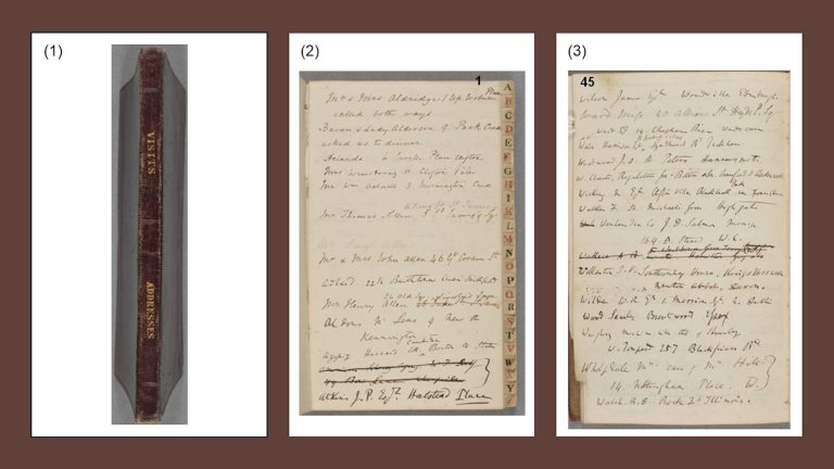 Charles Darwin’s Address Book is a small brown leather notebook, with “VISITS” and “ADDRESSES” printed on its spine (photo 1) and index-letter tabs in alternating black and red. The entries were begun by his wife, Emma Darwin, and are in her pleasant, rounded handwriting (photo 2), shortly after their marriage in January 1839. Latter entries were by Darwin (photo 3), and he continued to use this Address Book throughout his lifetime.