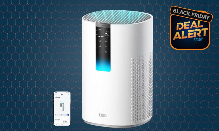 White Dreo HEPA Air Purifier on a dark blue Black Friday background