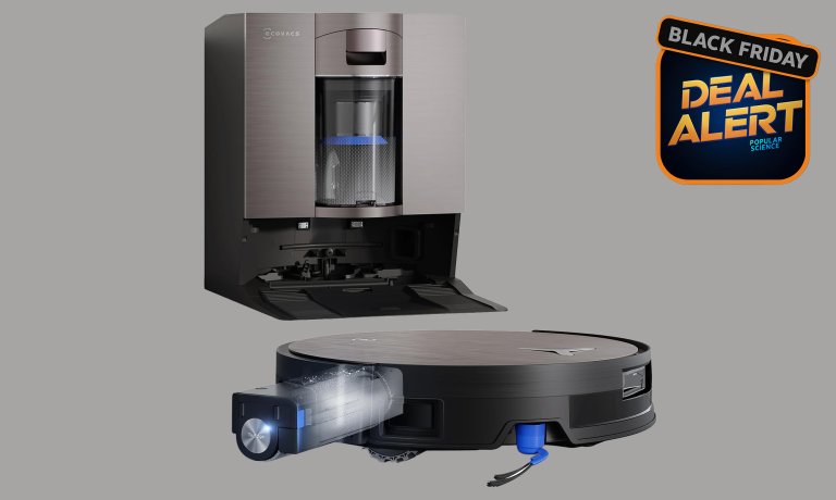 An ECOVACS DEEBOT X11 OmniCyclone Robot Vacuum and Mop on a gray Amazon Black Friday background