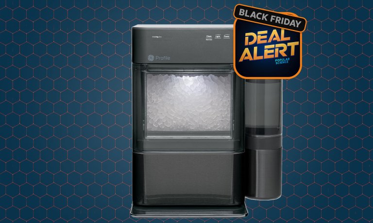A black Profile GE Profile Opal 2.0 XL countertop nugget ice maker on a dark blue Amazon Black Friday 2025 background
