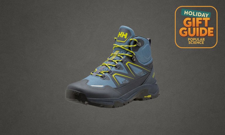 Blue and yellow Helly Hansen Cascade HELLY TECH Waterproof Mid-Cut Hiking Boots on black gift guide template product card image