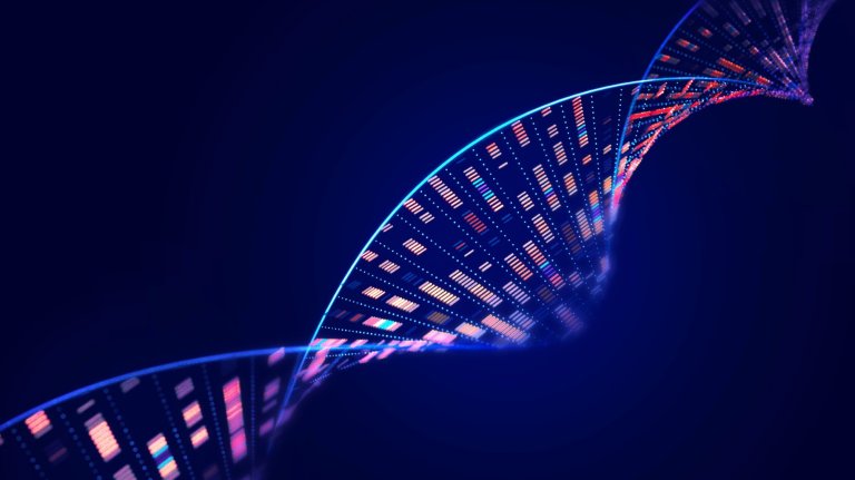 A vibrant, digital illustration of a glowing DNA double helix structure against a dark blue background. The helix is composed of numerous small, multicolored, light-filled blocks and lines that represent the genetic code.