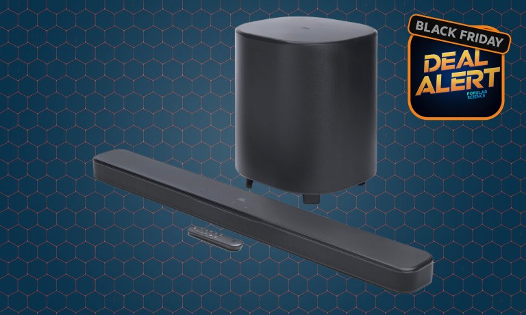 Black JBL 500MKII soundbar on a dark blue 2025 black friday amazon product card