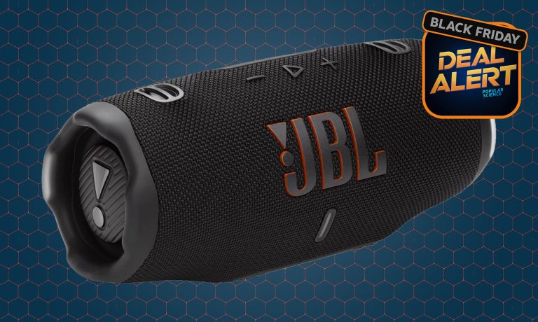 Black and orange JBL Charge 6 portable Bluetooth party speaker on a dark blue Amazon Black Friday 2025 product card