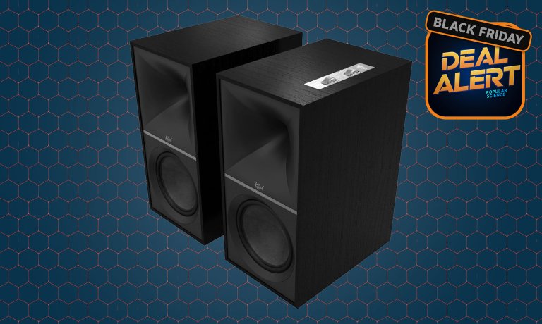 Black Klipsch The Nines powered connected speakers on a blue Amazon Black Friday 2025 product card