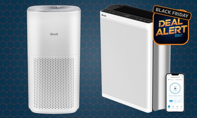 White LEVOIT air purifiers on a dark blue Amazon 2025 Black Friday background