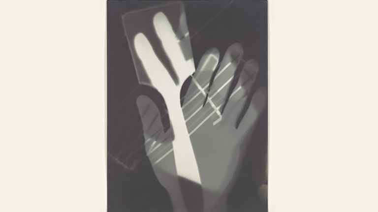 A black and white photograph, likely a photogram, shows a stylized image of a human hand overlayed with a partially opaque rectangular object. The outlines of the hand and the object are defined by areas of white and gray, creating a dramatic, X-ray-like effect against a dark background.