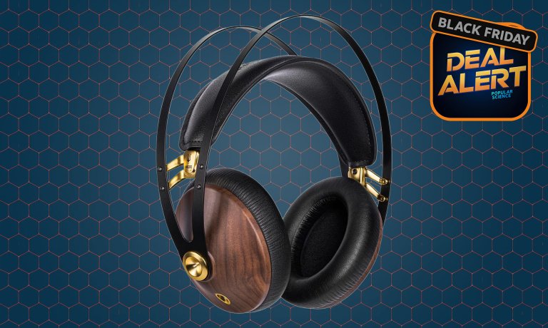Walnut and Gold Meze Audio 99 Classics V1 Walnut Gold closed-back headphones on a blue Amazon Black Friday 2025 product card background