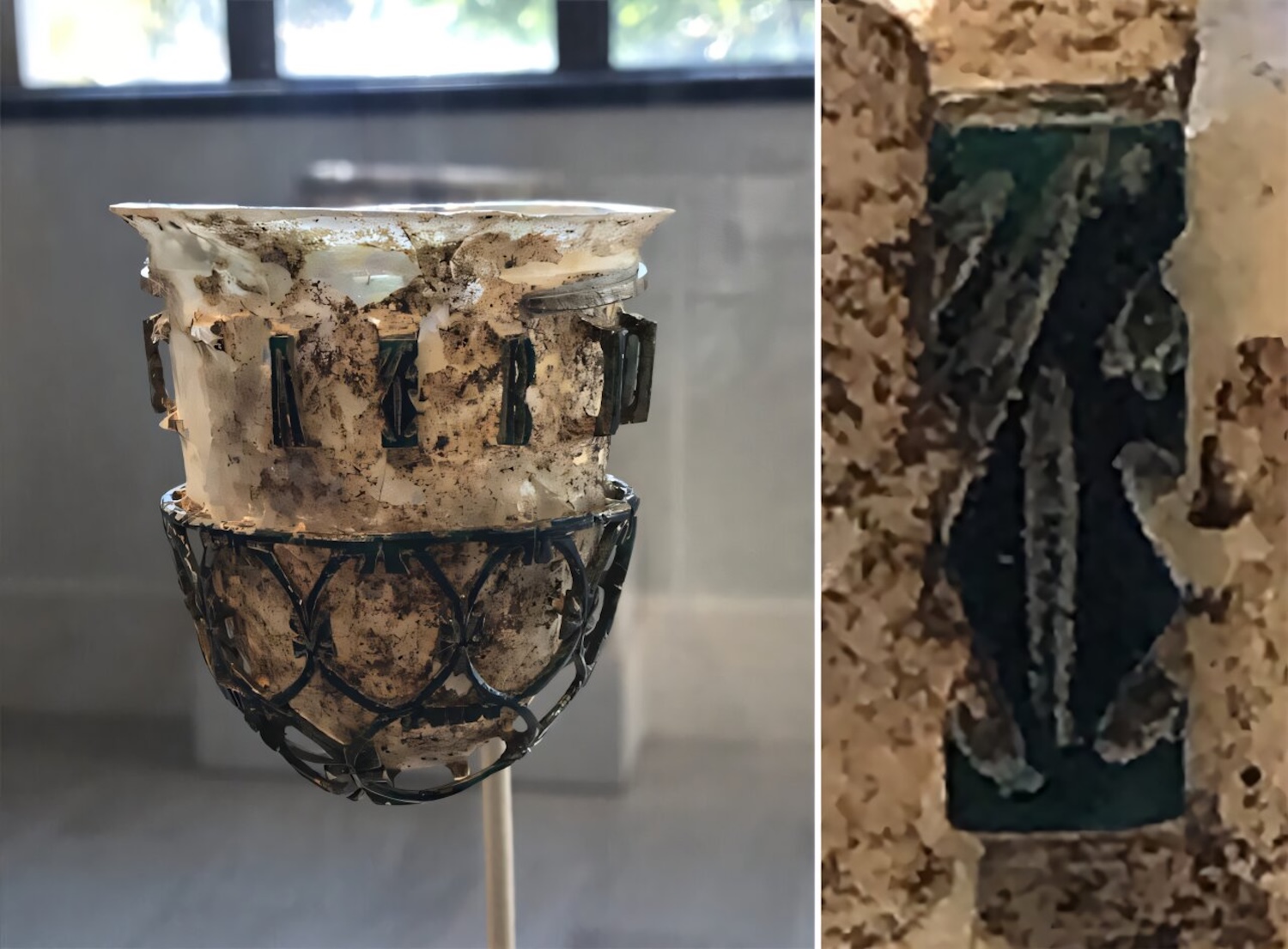 Roman glass openwork vessel with a detail of its symbol on the right.