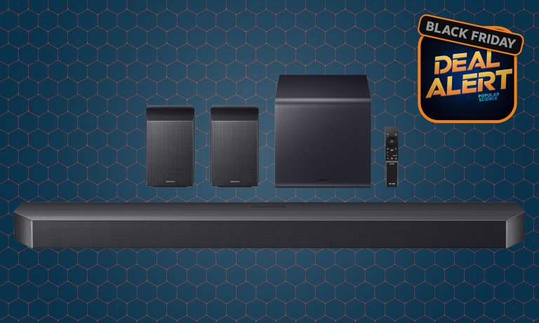 Black Samsung Q990F soundbar on a dark blue 2025 black friday Amazon product card