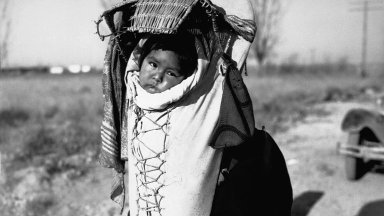 Black and white photo of Shoshoni Infant in cradleboard