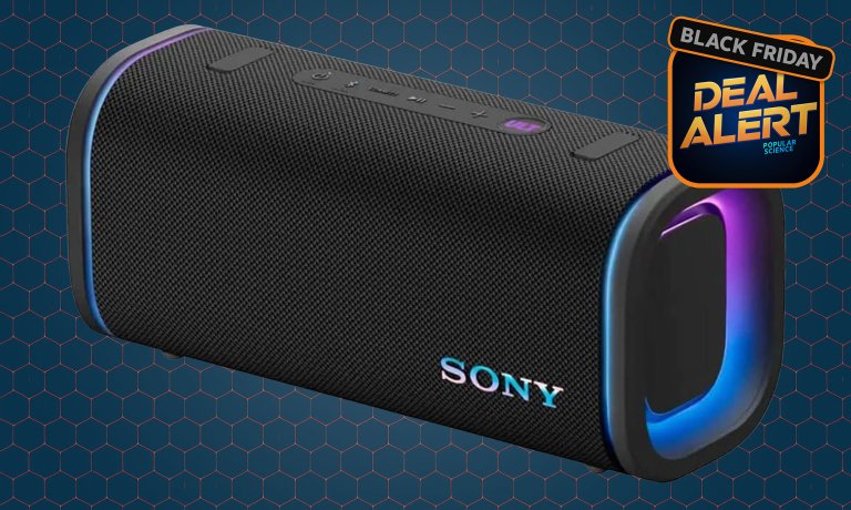 A black Sony ULT FIELD 5 portable Bluetooth party speaker on a blue Amazon Black Friday 2025 Deal Alert background