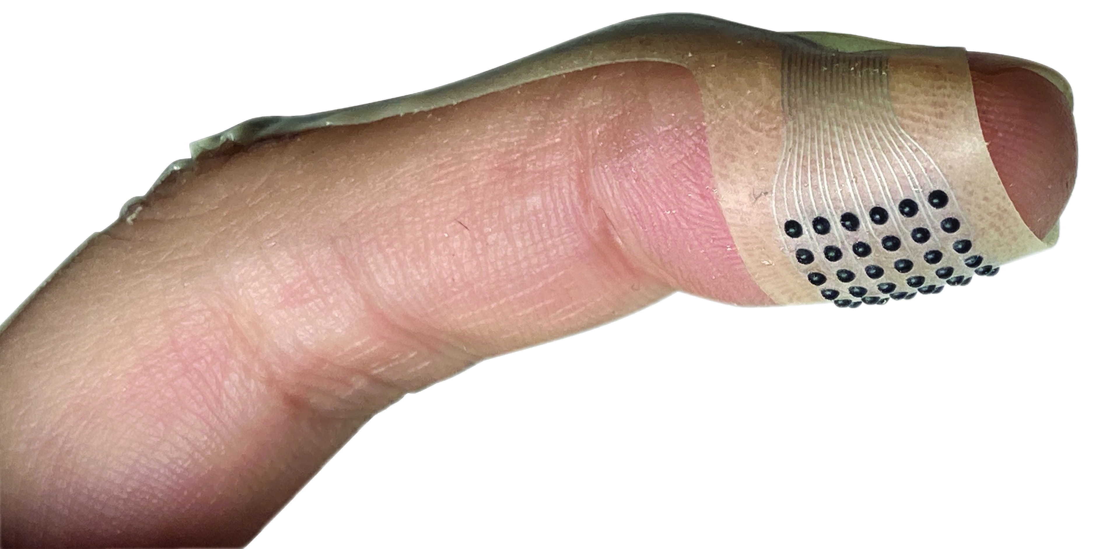 a wearable technology that looks like a bandage, with dark nodes on the bottom