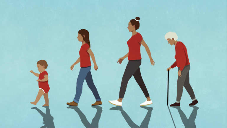 an illustration of a baby, a young woman, and adult woman, and an elderly woman walking