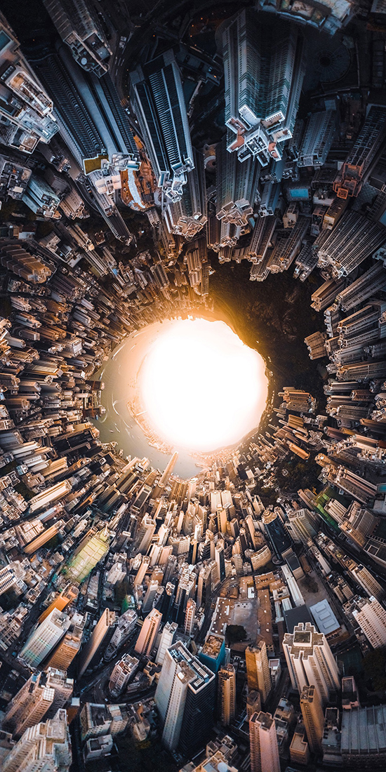 a circular, vertical overhead shot of hong kong