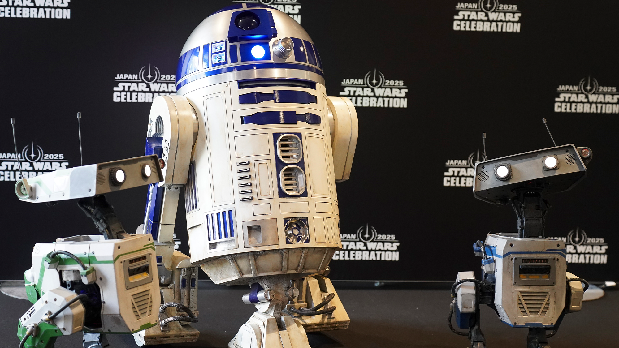 R2-D2 is seen with Star Wars BDX Droids backstage during Star Wars Celebration Japan on April 19, 2025 in Tokyo, Japan.