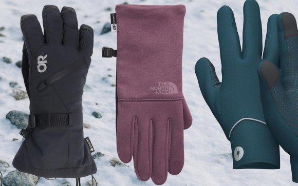 Outdoor Research, The North Face, Smartwool gloves on a snowy background on sale at REI