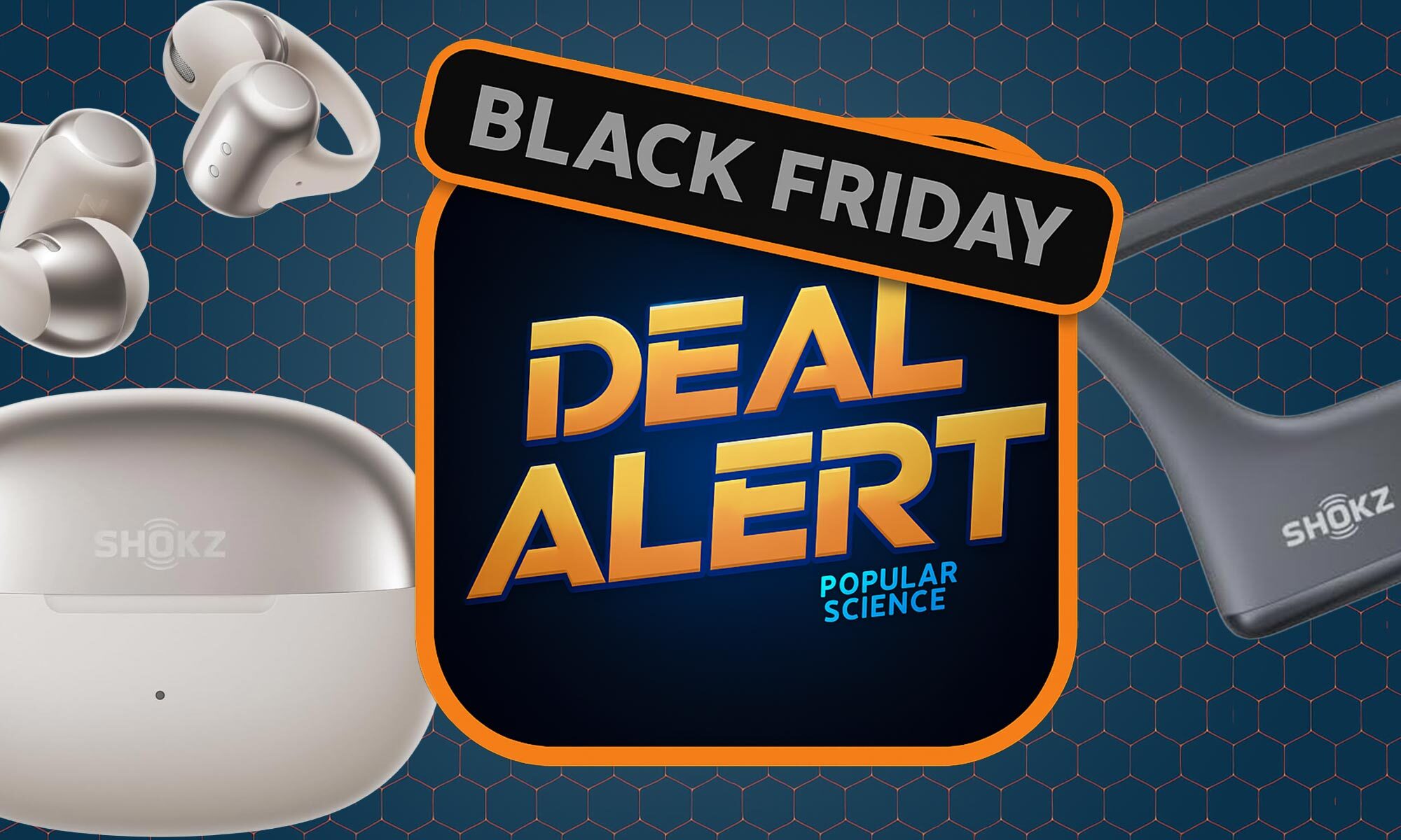 Shokz bone-conduction open-ear headphones and earbuds on a dark blue Black Friday background