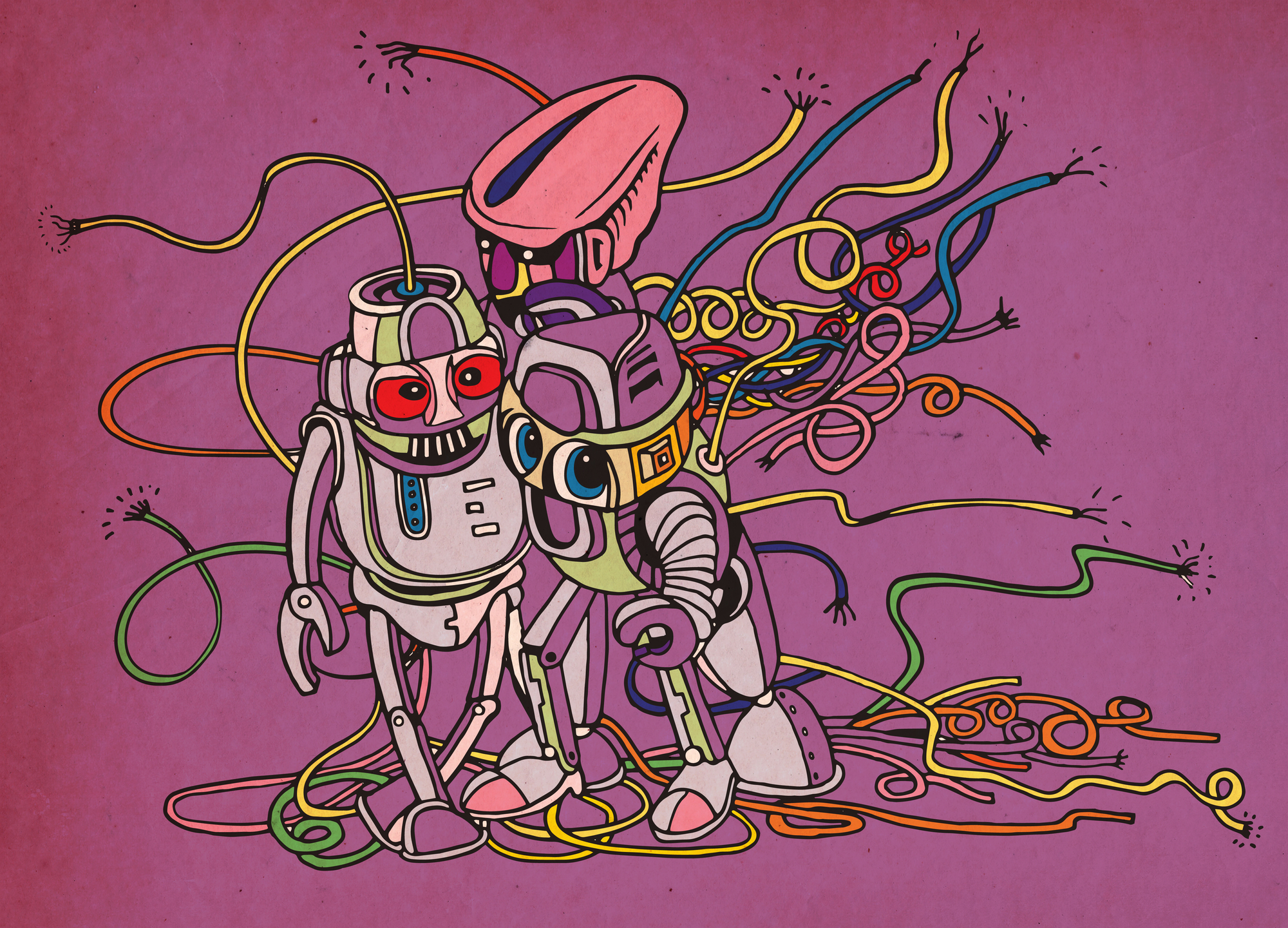 A colorful, cartoon-style illustration of three stylized robots standing together, surrounded by a chaotic tangle of multicolored wires against a purple background.