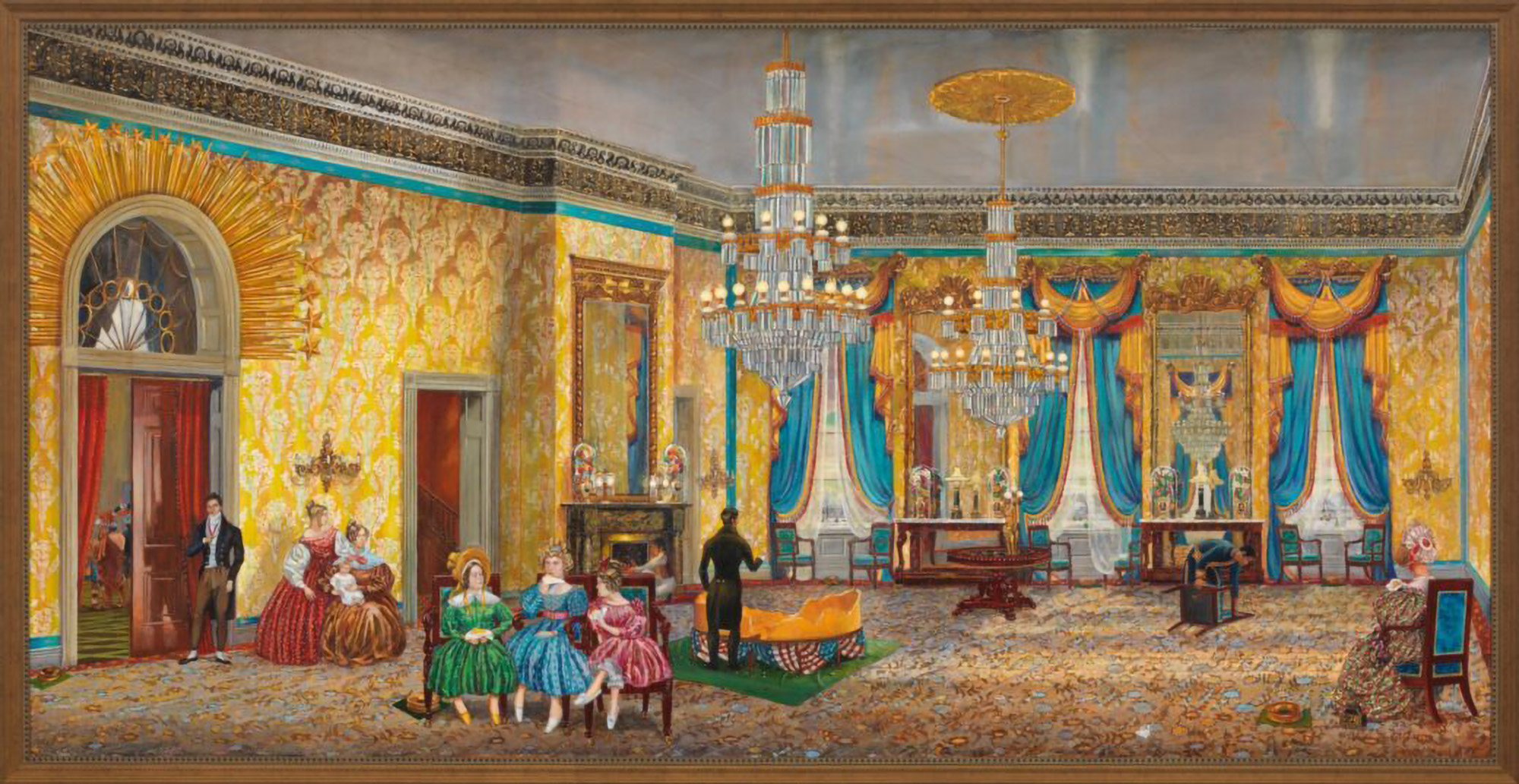 A wide, vibrantly colored painting of the White House East Room, circa 1837. The room features bright yellow, patterned wallpaper, turquoise draperies and wall trim, and two large, ornate crystal chandeliers hanging from the gold-trimmed ceiling. Several figures in 19th-century attire are scattered throughout the room: some are seated in the foreground, a man stands silhouetted near the center, and others are gathered by the door on the left. The opulent room is furnished with gilded mirrors, decorative objects, and a central orange sofa. The overall scene suggests a social gathering.