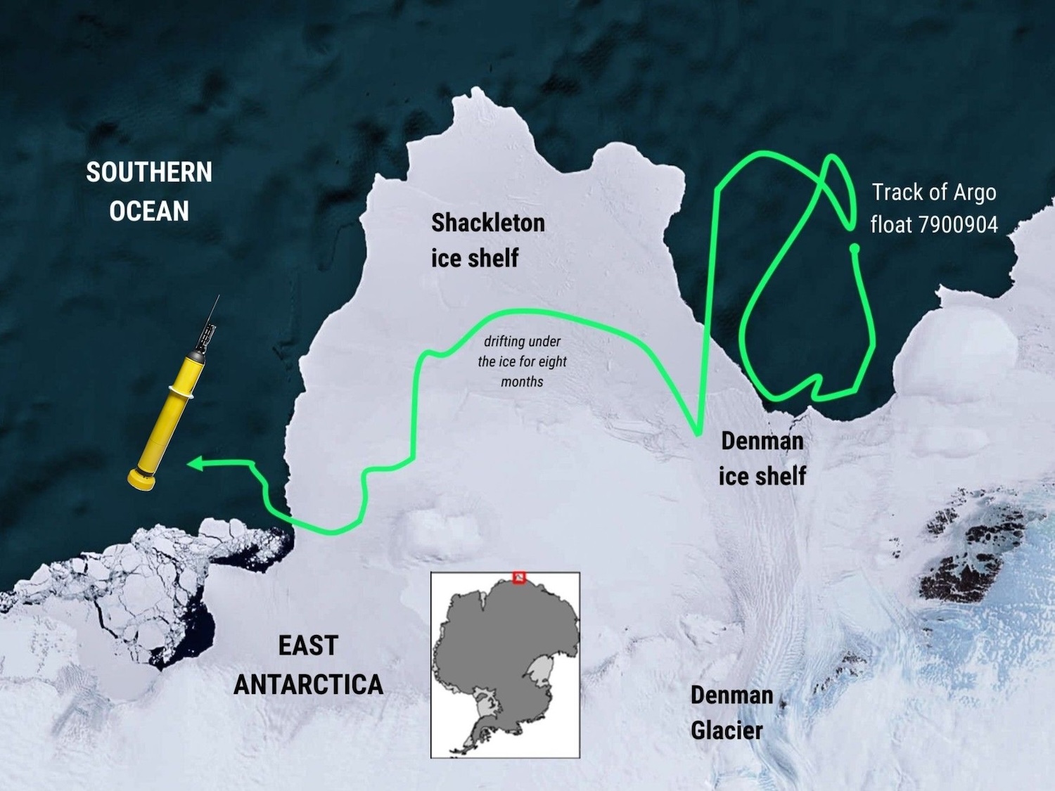 The Argo float's path underneath the Shackleton and Denman ice shelves. Credit: CSIRO