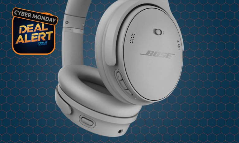 Midnight Gray Bose QuietComfort headphones on a dark blue Cyber Monday background