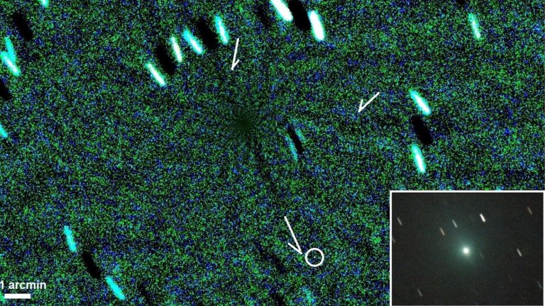 Nov. 19 image obtained by Pau Montplet from Breda (Girona) using a C6 telescope at f:7. Original image is in the lower right inset, while a false color 0.6º wide Larson-Sekanina filtered image at 9º shows 3I in negative to remark the antitail pointing to the subsolar point, and several jets getting out from the false nucleus. Two additional arrows mark wavy structures in the jets. Image resolution is 0.7 arcsec/pix. Credit: arXiv (2025). DOI: 10.48550/arxiv.2511.19112