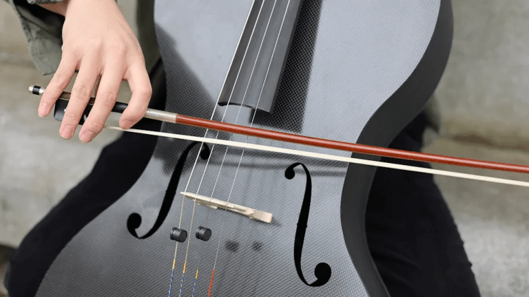 Close up of musician playing 3D printed carbon fiber cello